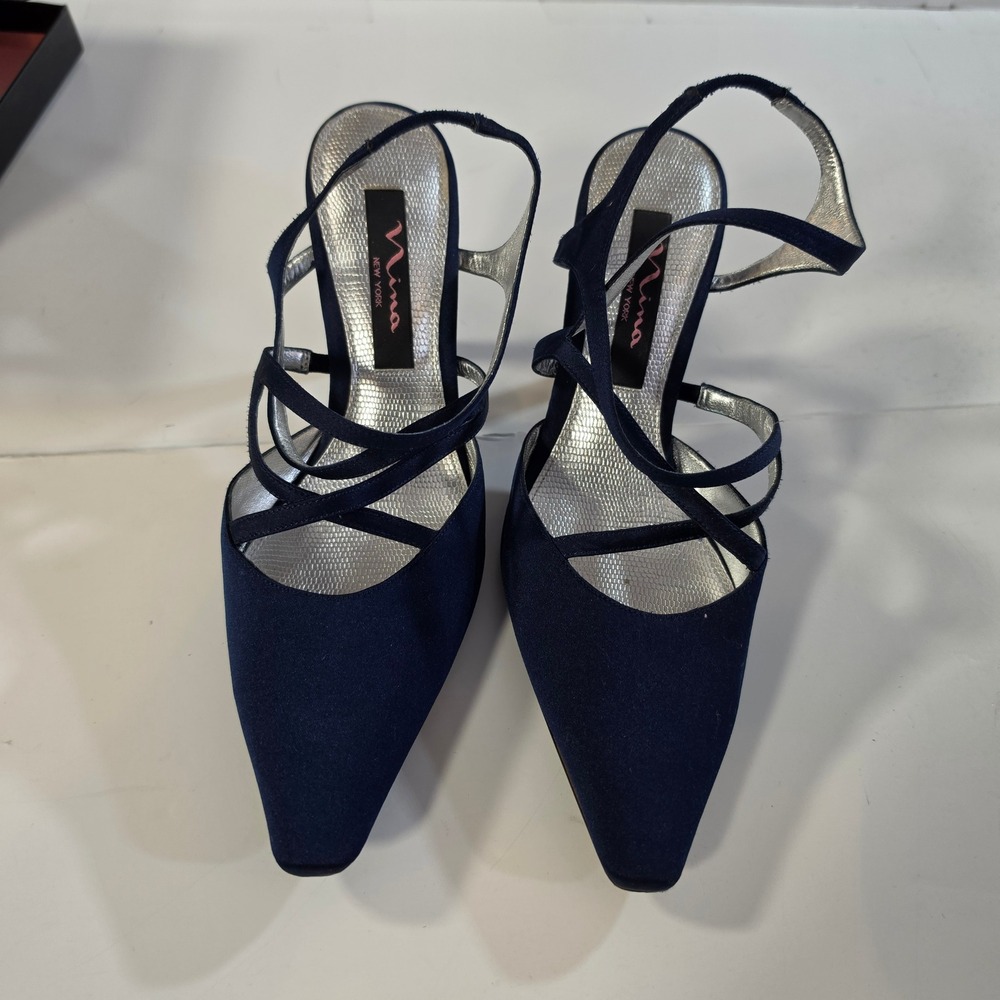 Nina New York Navy Blue Satin Strappy Slingback Pointed Toe Pumps Size 6M